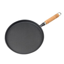 Cast Iron Skillet Pancake Pan Round Griddle Thick Nonstick Egg Frying Pan Tortilla Crepe Pan Antiscalding Wooden Handle Uncoated 26cm
