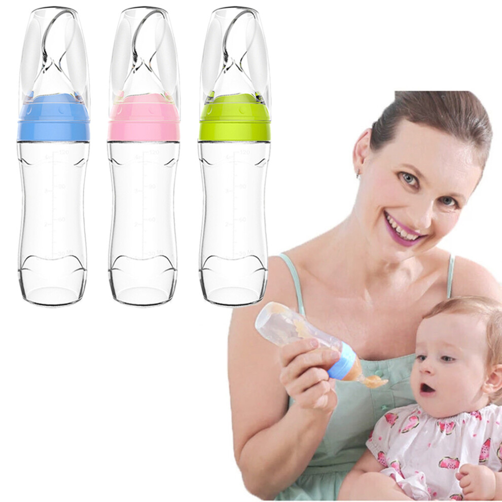 Baby Silicone Squeeze Feeding Bottle & Spoon 120ml - Blue Pink