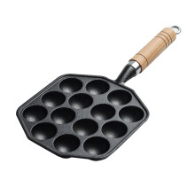 Takoyaki Pan Cast Iron 14Hole Nonstick Grill with Wood Handle for Octopus Balls and Party Snacks