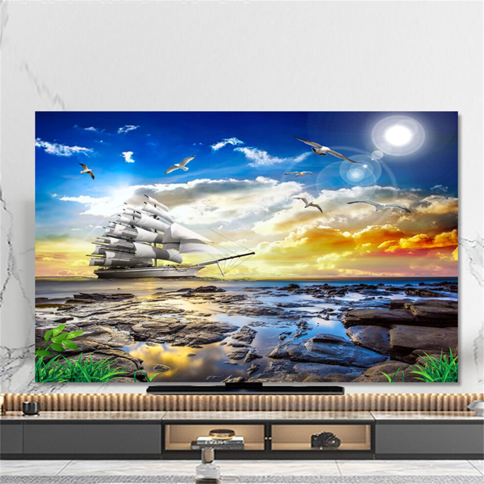 70 Inch Elastic Fabric Tv Dust Cover With 3D Landscape Pattern, Decorative Screen Protector Sailboat A 9347817266016