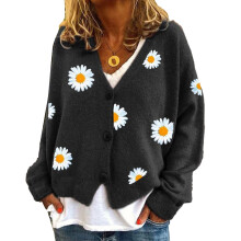 Cardigansweater til kvinder, overdimensioneret cropped cardigan til kvinder, vintage kunstnerisk blomsterprint, kabelstrik, overtøj, blød og