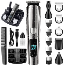 Waterproof Beard Trimmer for Men, Electric Hair Clipper with Self-Sharpening Blades, Cordless Mens Grooming Kit, Multiple Trimmer Heads, LED Display,