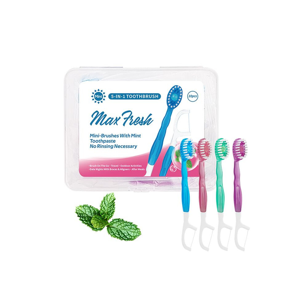 Disposable Toothbrush With Toothpaste 10 Pack, 5In1 Mini Toothbrush With Tongue Scraper, Floss And Pick, Travel Size