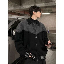 (Black, XXL) American retro patchwork contrasting knitted cardigan jacket for men in autumn and winter