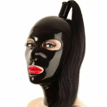 Black Latex Hood With Ponytail Handmade Rubber Head Mask For Cosplay Open Eyes Design Size XS 60CM
