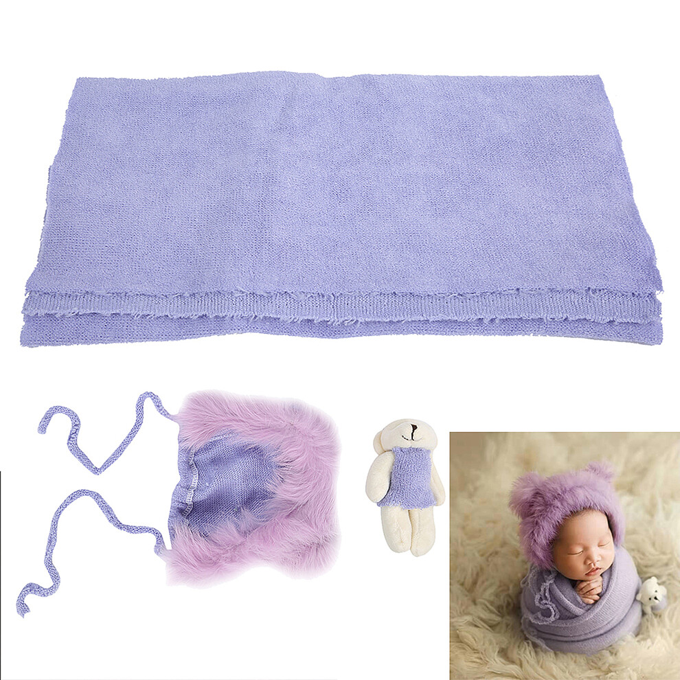 Newborn Photography Props 3Pcs Set: Hat Blanket Wrap Toy In Purple 8741379560291