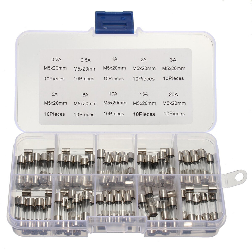 100Pcs 5X20mm Glass Tube Fuse Assortment Kit, Fast Blow Quick Protection 0.2A20a Set 9382693975829
