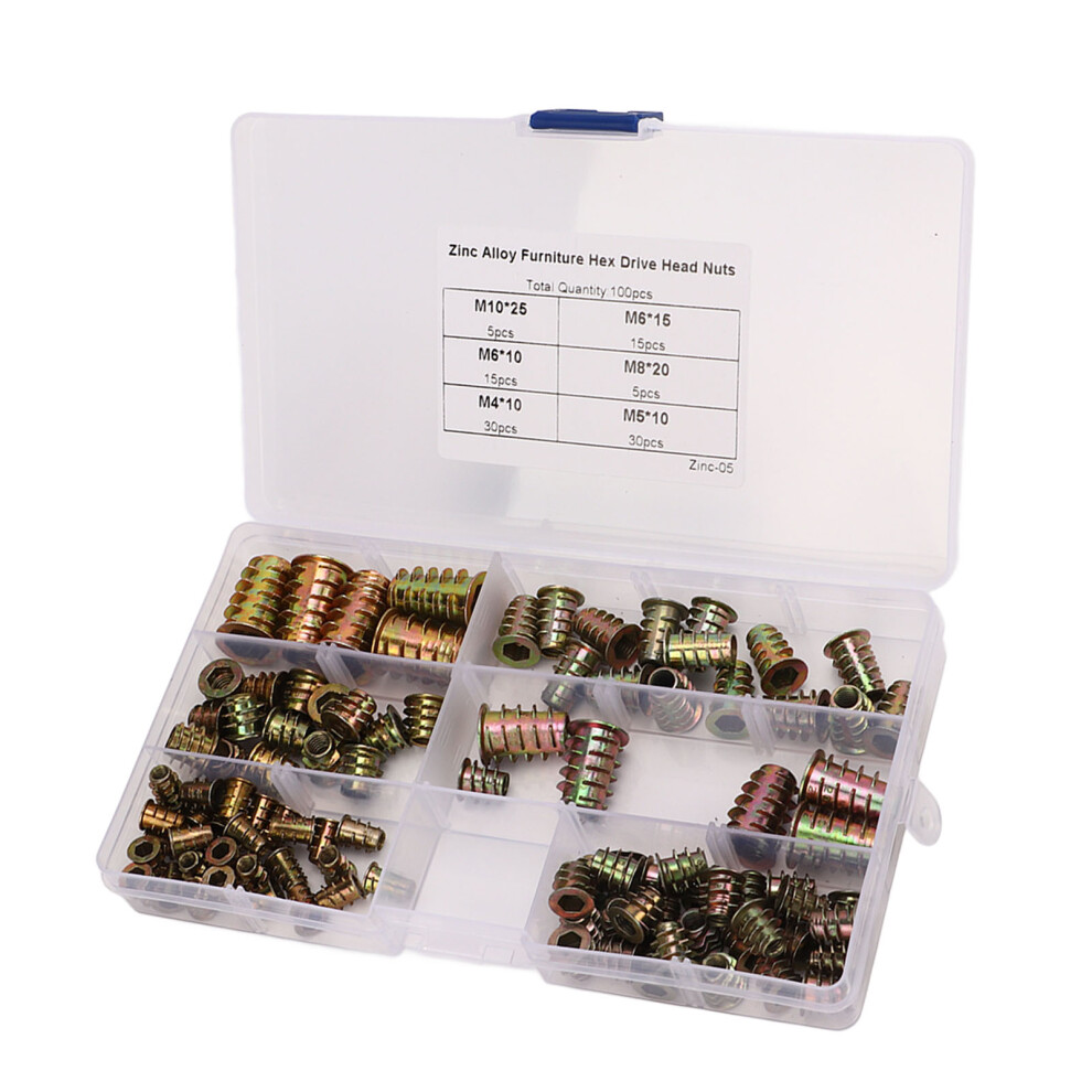 Assorted Zinc Alloy 100Pcs Furniture Nuts Hex Drive M4-M10 With Storage Box 4601374081235