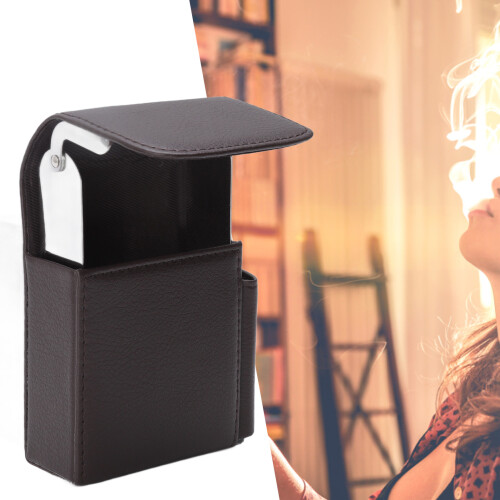 Stylish Brown PU Leather Cigarette Box with Lighter Holder 20 Capacity