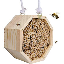 Mason Bee Box Natural Wooden Hexagon Bee House with Bamboo Tubes Attracts Peaceful Bee Pollinators to Enhance Your Garden's Productivity