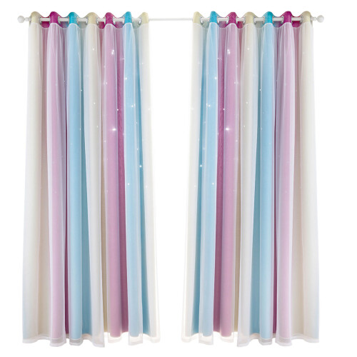 2pc Gradient Star Pattern Blackout Curtains, Double Layer, 100*130cm to 134*270cm