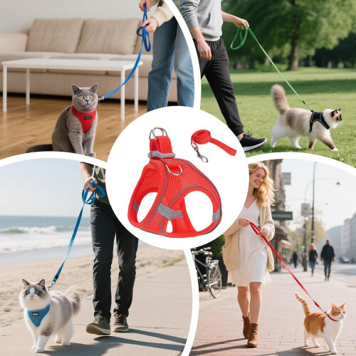 Cat Harness  Soft Reflective Mesh Vest, Adjustable, Small/Medium/Large, Red, Includes Lead, For Hiking 2