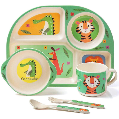 (As show, One size) Bamboo children's tableware set, 5-piece children's tableware set tiger, pl