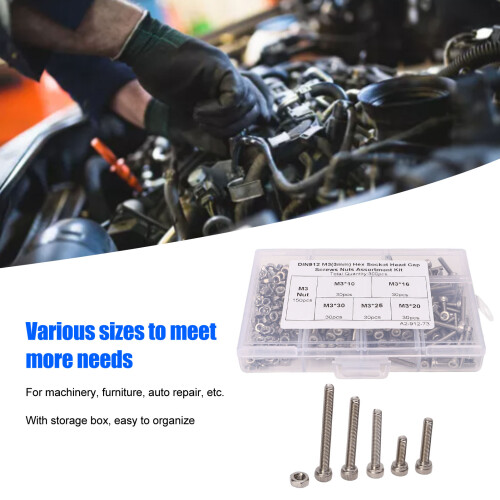 M3 304 Stainless Steel Hex Socket Head Screws Nuts Assortment Kit 1