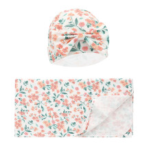 Cotton Newborn Blanket Wrap Blanket, Newborn Size, Includes Baby Turban Hat, Skin Friendly, Bear Floral Print