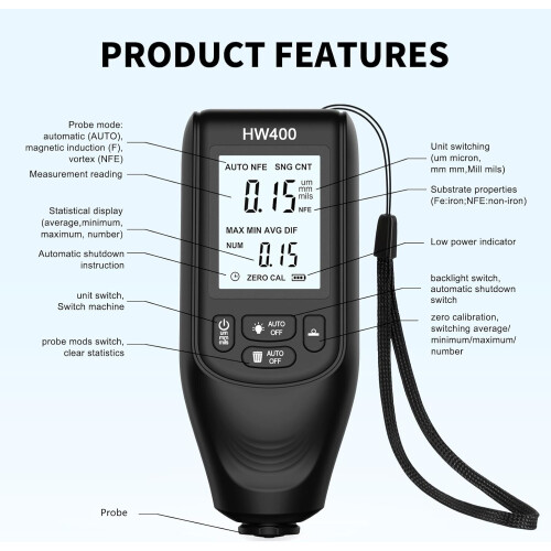 Digital Coating Thickness Gauges 02000um Range, Large Display, Backlit, Unit Conversion, Paint Coating Meter 1