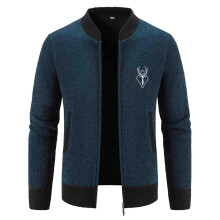 Cardigan for Men Warm Knitted Jumper Stag Head Embroidered Loose Fit Navy