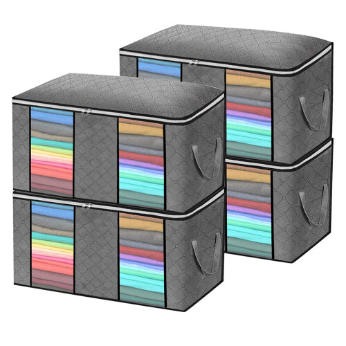 4 Pack Large Capacity Foldable Storage Bags 90L Grey with Clear Window