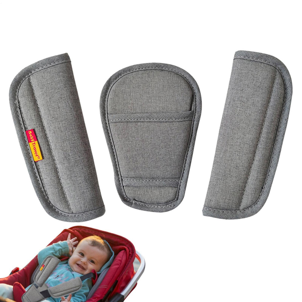 3pcs Car Seat Belt Shoulder Pads Covers  Soft AntiSlip Breathable Linen Gray Cushion for Car, Stroller, Baby Carrier
