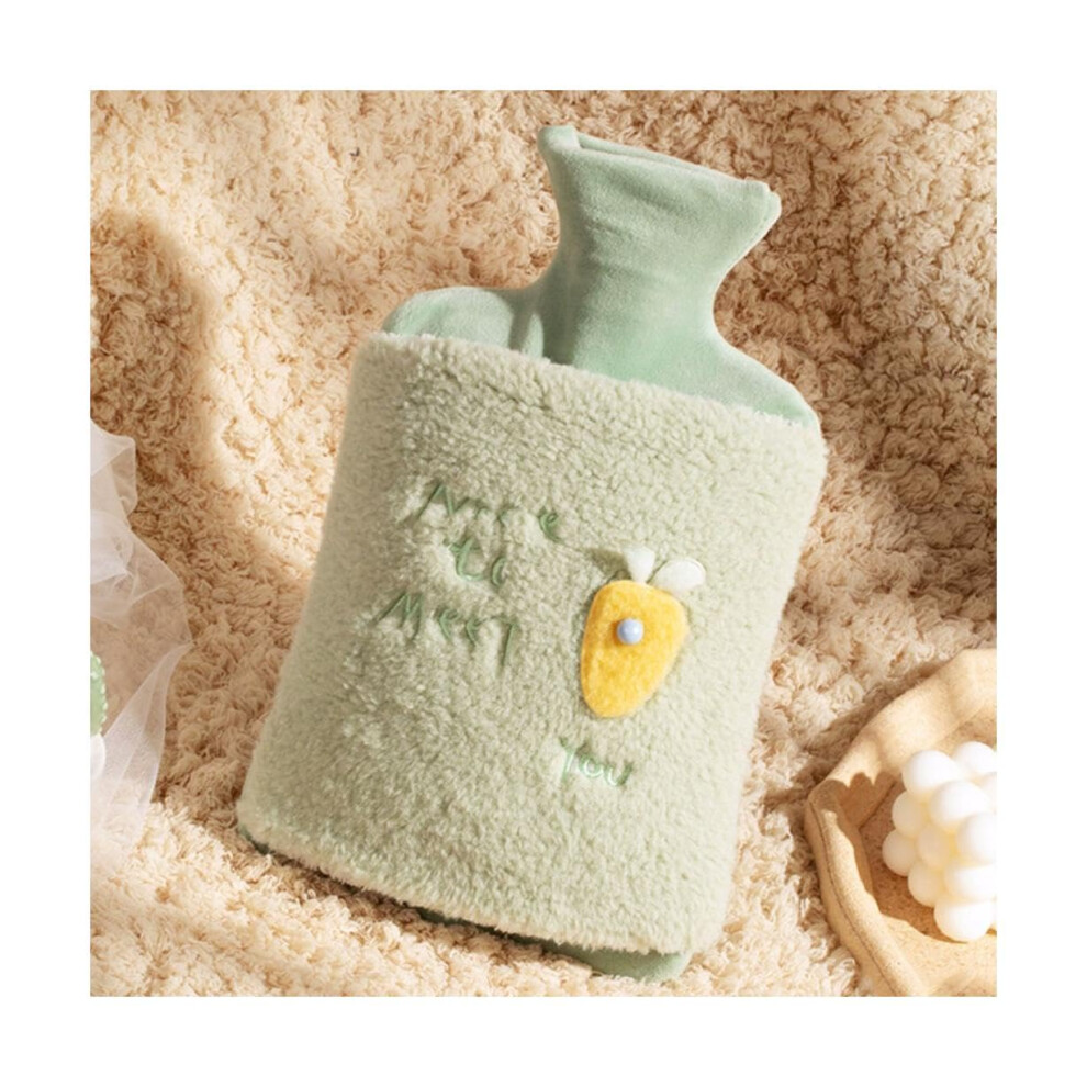 Hot Water Bottle 1L Plush With Hand Pocket Green For Bed Warmth And Hot Compress