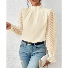 Spitzenstich Langarm Hochneck Top - Beige, XL