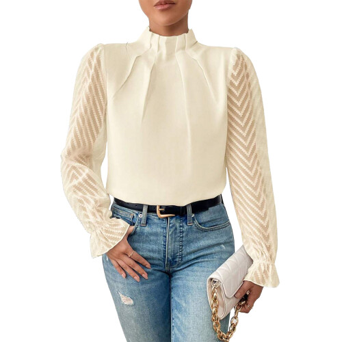 Spitzenstich Langarm Hochneck Top - Beige, XL 2