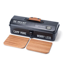 Portable Outdoor Tools Storage Box With Handle, Camping And Picnic Organizer, Optional Wooden Board, Compact, Black2