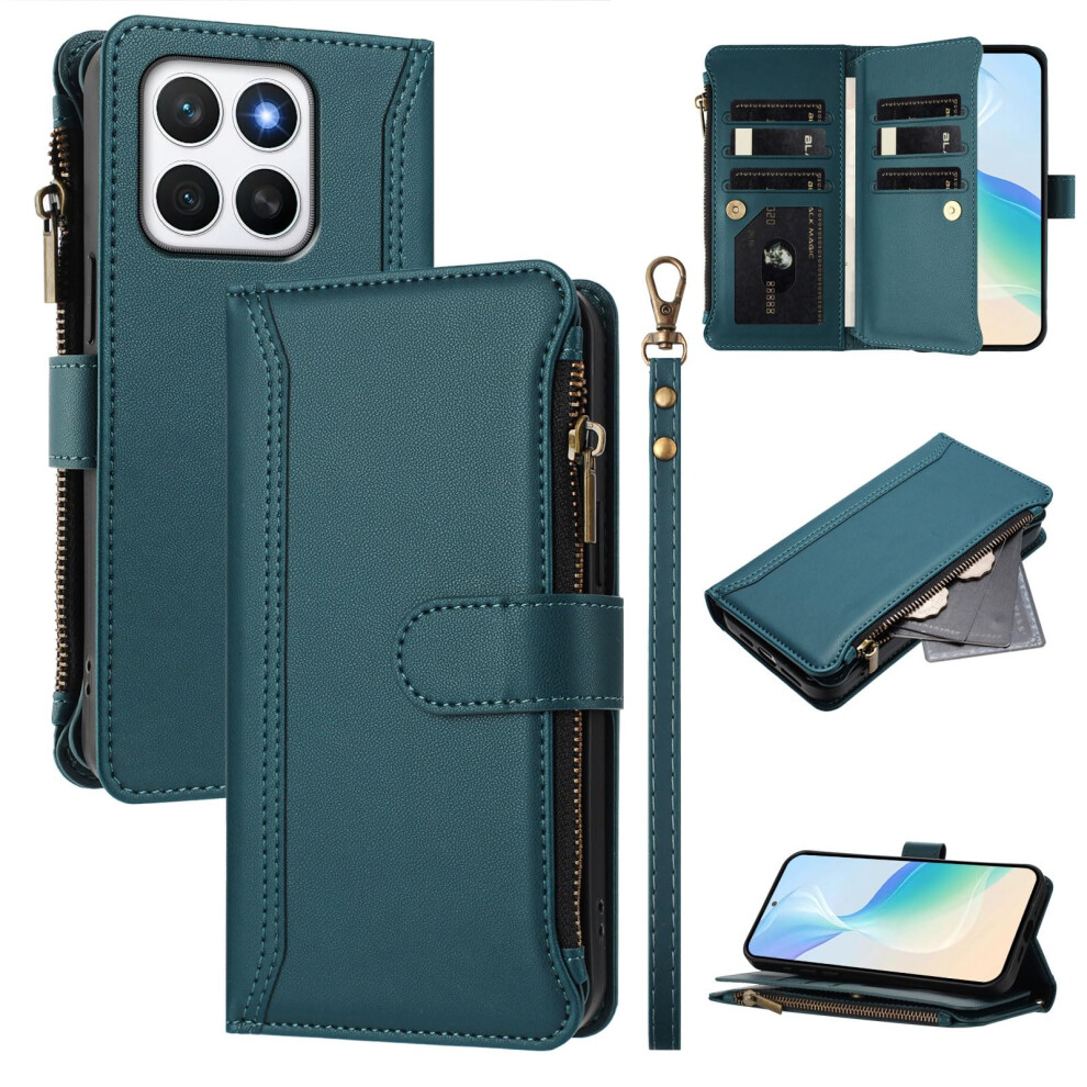 Wallet Phone Case For Honor X8b 4G Leather Flip Folio Wallet, Strap, Zip Closure, Shockproof, 9 Card Slots, Dark Green 9426802669879