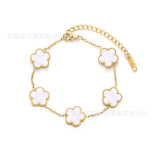 (white, 18K) Double-Sided Five-Leaf Clover Bracelet, 18K Gold Plated Stainless Steel