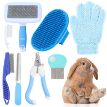 Small Animal Grooming Set Nail Clipper File, Flea Comb, Shampoo Brush, Slicker Brush, Massage Glove, Cleaning Comb Blue