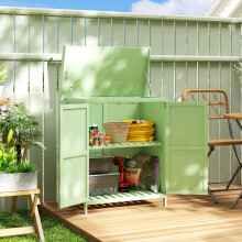 Outsunny Wooden Garden Storage Shed w/Hinged Roof and Shelf, Light Green