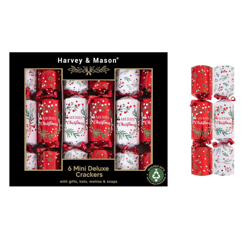 6 Mini Christmas Crackers Red White Wreath 8.5 Inch