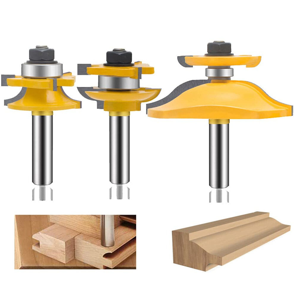 1/2 Inch Shank Raised Panel Router Bit Set 3Pc Round Over Cabinet Door Rails Stiles Bits Carbide Groove Tongue Tool 9382693870933