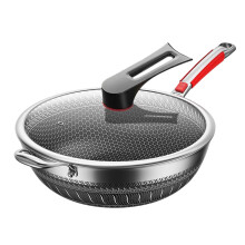 32cm Stainless Steel Chinese Wok Pan with Lid, Non Stick Large Capacity for Induction and Gas Cooking