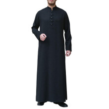 Kaftan Long Sleeve Thobe For Men Arabic Middle East Muslim Abaya Robe Stand Up Collar Black XXL Prayer Eid Clothing