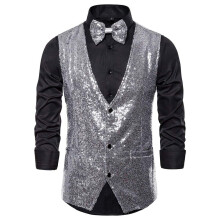 Men's Glitter Suit Vest With Bow Tie Set Sequin Herringbone Costume Sleeveless Slim Fit Size M Silver Party Prom