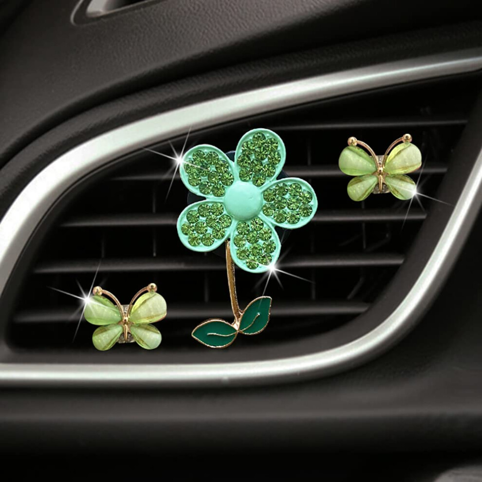 3 Pcs Flower Butterfly Air Vent Clips Bling Air Conditioning Outlet Clip Crystal Car Aromatherapy Vent Clips Rhinestone Car Accessories Green 9382693877833