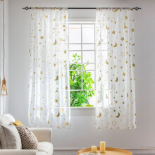Semi Sheer Window Curtains 1M Long for Girls Room Bedroom Pretty Pattern Moon And The Stars Sheer Curtains Tulle Curtains Voile, 1 Panels, 1m*1.