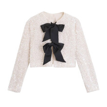 Glitter Tops Women's Long Sleeve Open Front Crop Sequined Blazer White XS Night Club Wear Carnival Costume