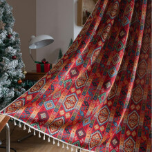 Red Ethnic Boho Vintage Colorful Badge Pattern Macrame Aztec Room Darkening Curtain, 1 Panel, 150x160cm W 59.1' x L 63' (1 Panels) Red