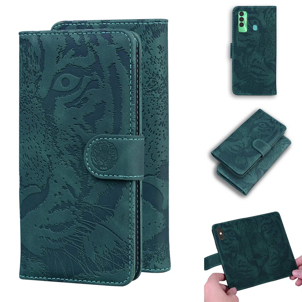 Case For Tecno Spark 7P 6.8Inch Pu Leather Magnetic Wallet Stand Flip Case Tiger Print Green 9426802681642