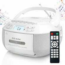 CD Player Boombox with Bluetooth 5.1, AM/FM Radio, Cassette Recording, Remote, Dual Stereo Speakers, White