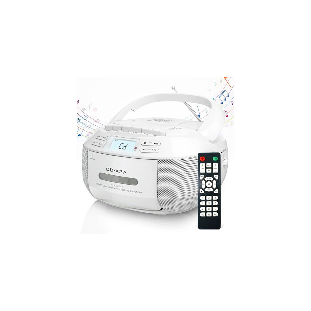 Cd Player Boombox With Bluetooth 5.1, Am/Fm Radio, Cassette Recording, Remote, Dual Stereo Speakers, White 9347817198874