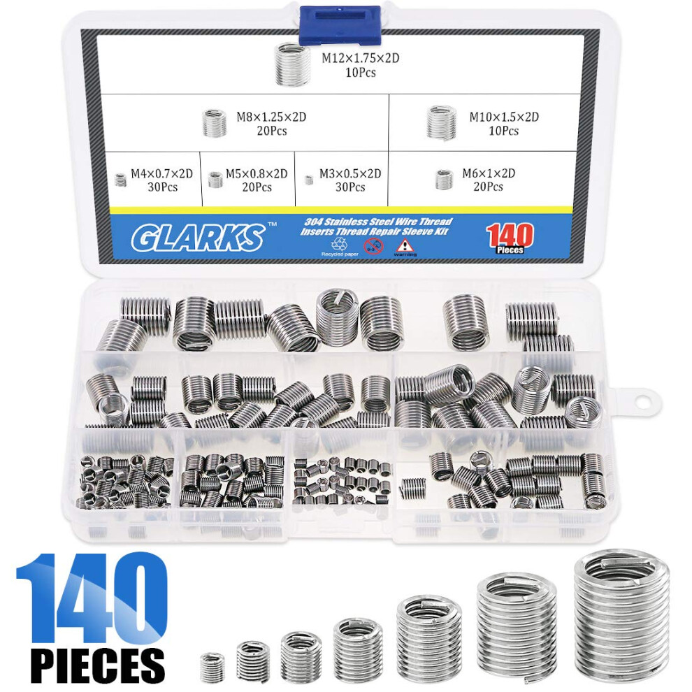 140Pcs 304 Stainless Steel Metric M3 M4 M5 M6 M8 M10 M12 Wire Thread Inserts Steel Sheath Helical Type Coiled Wire Screw Sleeve Assortment Kit 9382693885371