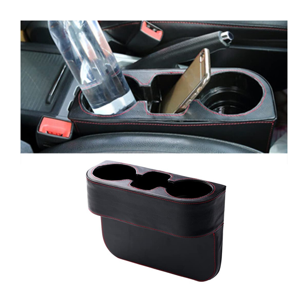 Car Cup Holder Organizer With Phone Slot, Leather Seat Gap Filler, Dual Holder And Storage Pocket (Black) Black 9426802684919