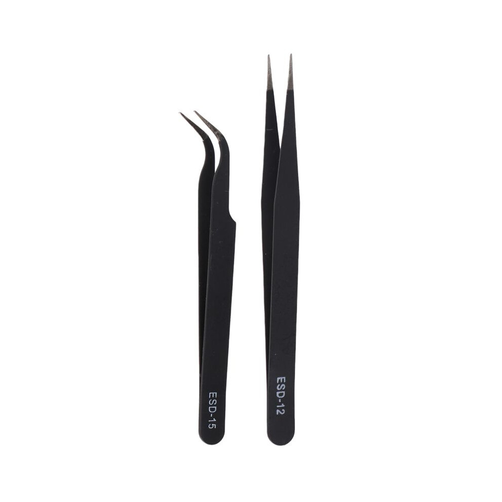 Nail Art Rhinestones Eyelashes Extension Straight & Curved Tweezers Tool Set-Black