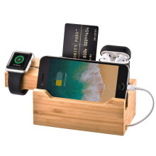 Bamboo Charging Dock Station with 3 USB Ports for MultiDevice Fast Charge, Compatible with Apple Watch, AirPods, iPhone, Samsung Devices