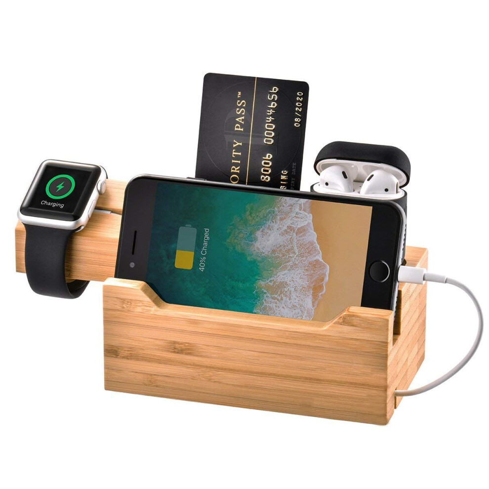 Bamboo Charging Dock Station With 3 Usb Ports For Multidevice Fast Charge, Compatible With Apple Watch, Airpods, Iphone, Samsung Devices 9382693015303