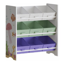 Scaffale dal design senza tempo per soggiorno, camera, mobile contenitore per bambini con 9 scatole