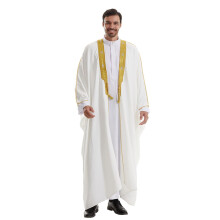 Men's Muslim Print Kaftan Islamic Dubai Robe ONeck Long Sleeve Retro Tunics Abaya Long Thobe White L